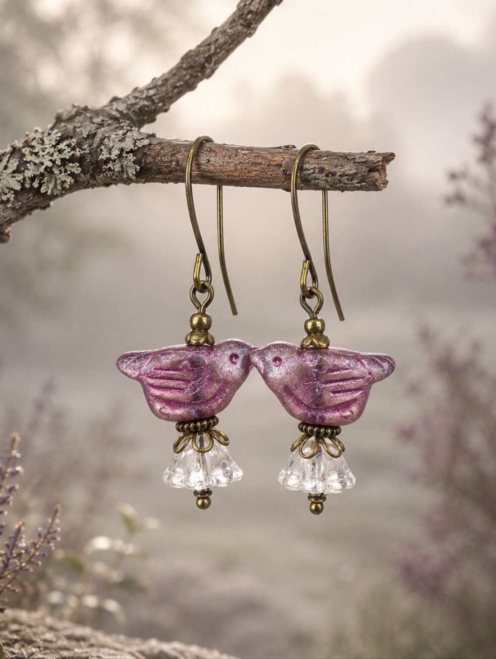 Purple Czech Glass Bird Earrings Crystal Flowers Antiqued Brass Hand Crafted